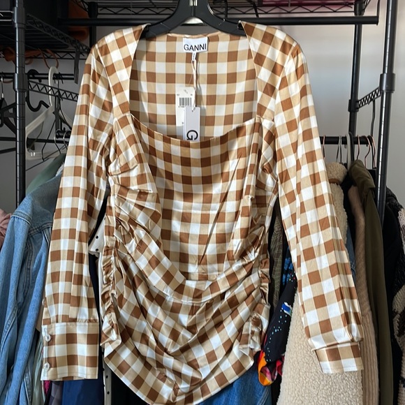 GANNI Silk Check Draped Blouse 10 - Picture 6 of 10